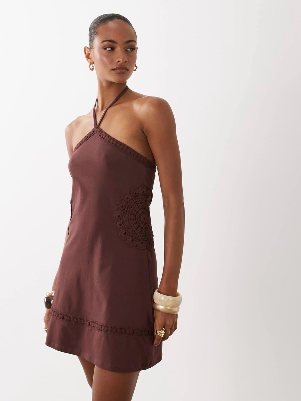 ASOS Halter Crochet Detail Dress - Chocolate Brown